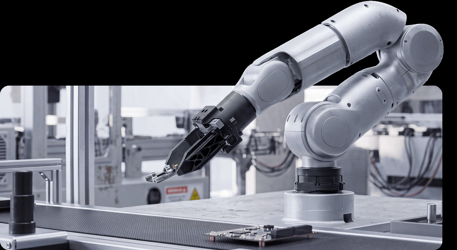 Unitree R1 seven-axis arm picking a circuit board over a conveyor