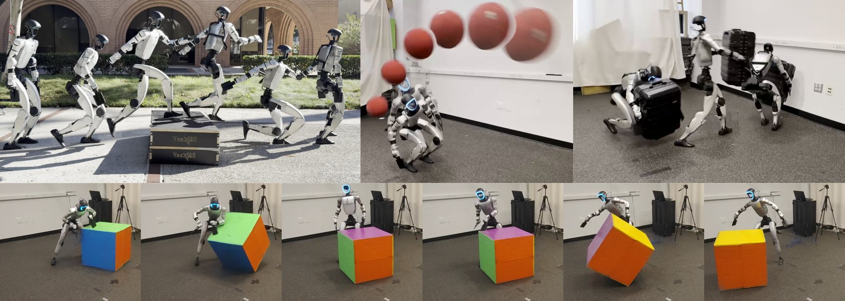 G1 parkour over a box, dodging a red ball, carrying a suitcase, and flipping a colored cube