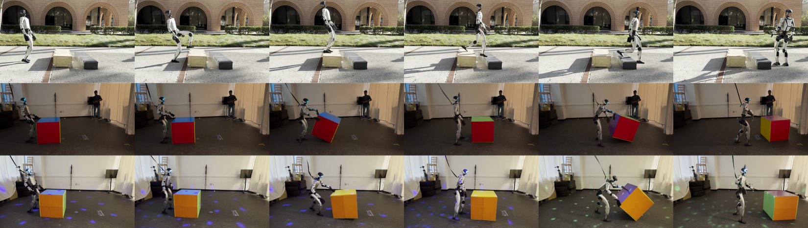 G1 walking outdoors in sunlight and flipping a cube in low light and colored illumination