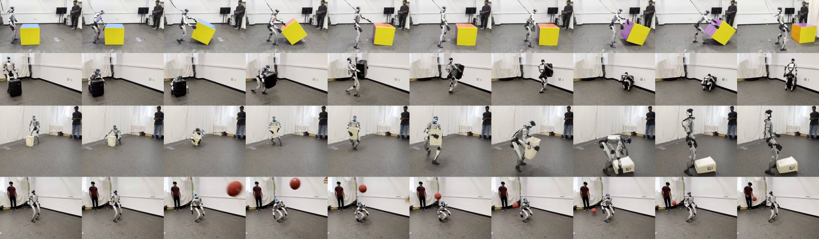 G1 hardware strips: cube reorientation, suitcase carry, trash-can carry, and dodgeball