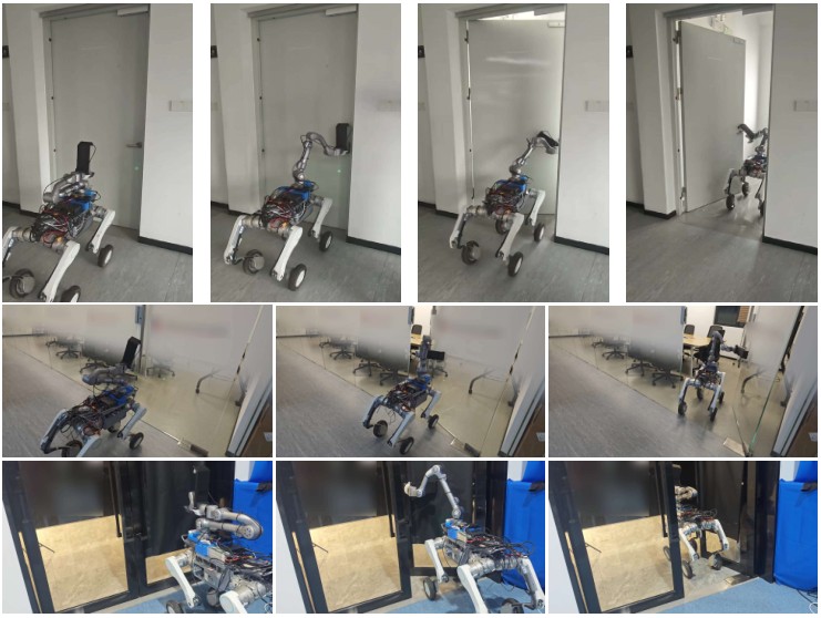 Wheel-legged robot approaching, opening, and walking through real doors