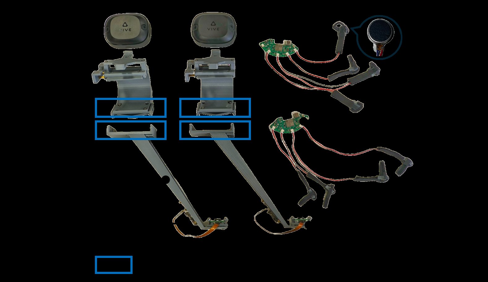 ViHaTeleop hardware modules: tracker, fisheye, LEDs, and LRA rings
