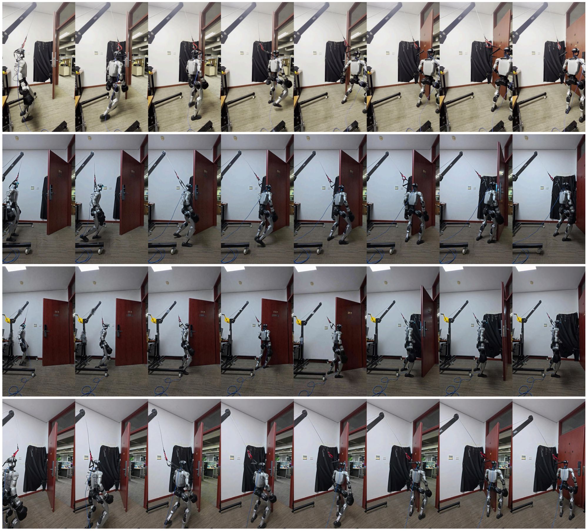 Grid of real Unitree G1 trials approaching and closing a physical door from several start poses