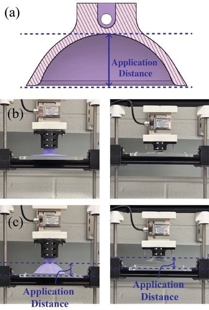 Purple bistable suction cup on a test stand at two application distances