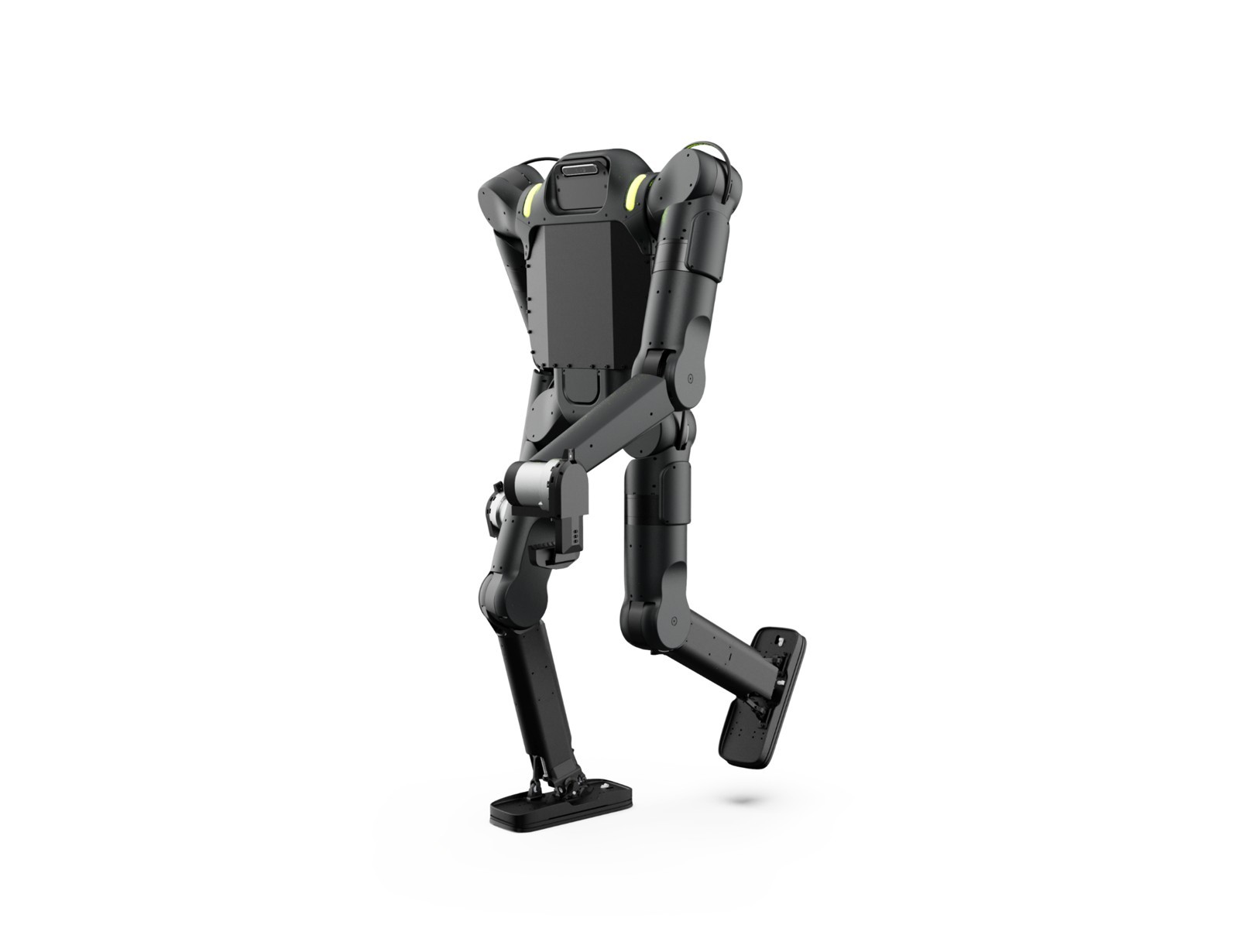 Matte black headless Calvin-40 humanoid mid-stride on a white background
