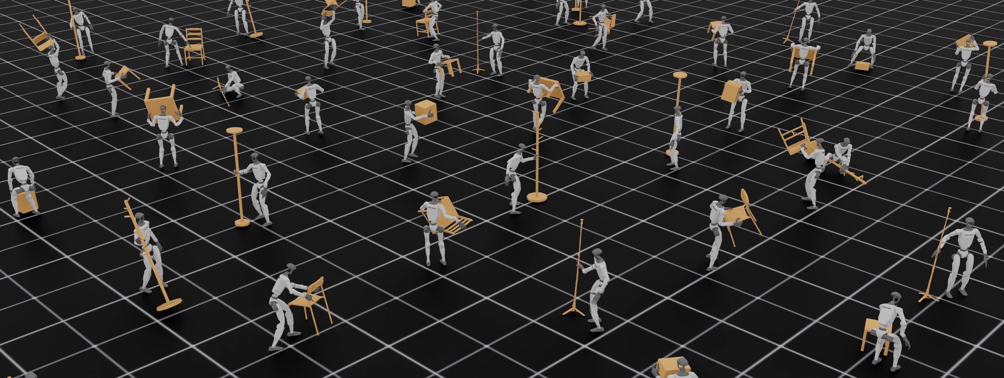Many simulated Unitree-style humanoids carrying chairs, tables, boxes, and lamps on a black grid