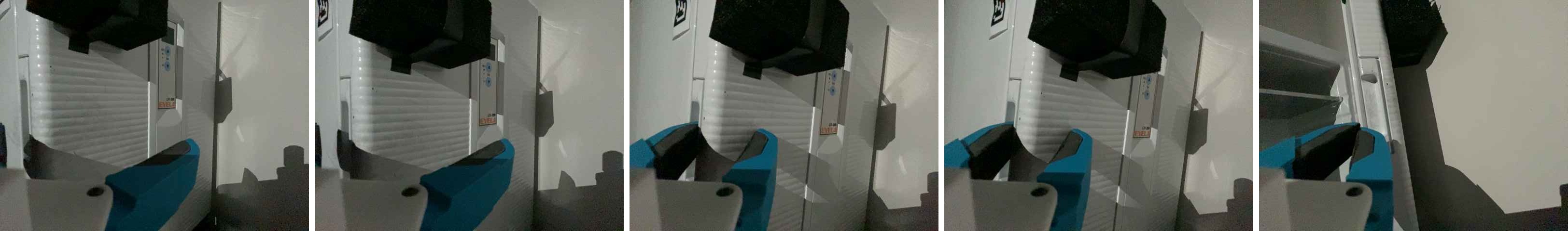 Wrist-camera strip of a gripper approaching, grasping, and pulling an incubator door open