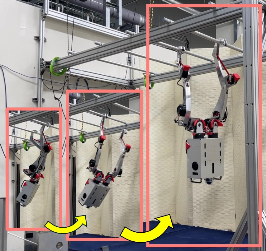 Life-sized dual-arm robot swinging across overhead bars in a lab