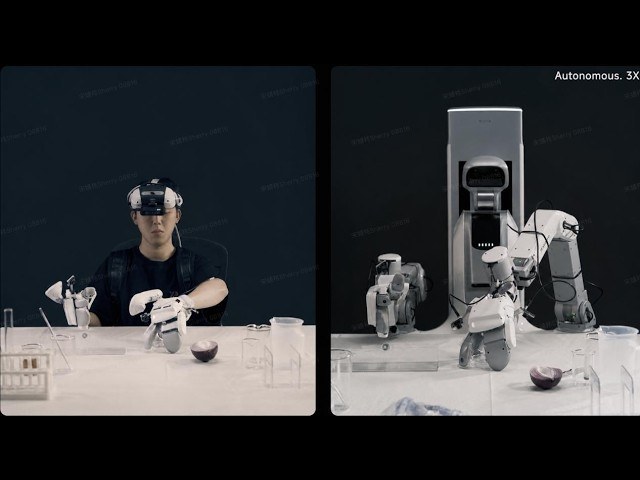 Operator wearing TwinDEX exoskeleton gloves beside a robot performing the same table task