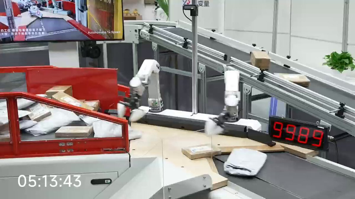 WRC sorting cell with two arms, a parcel pile, conveyor, and 9989 counter at 5 hours 13 minutes