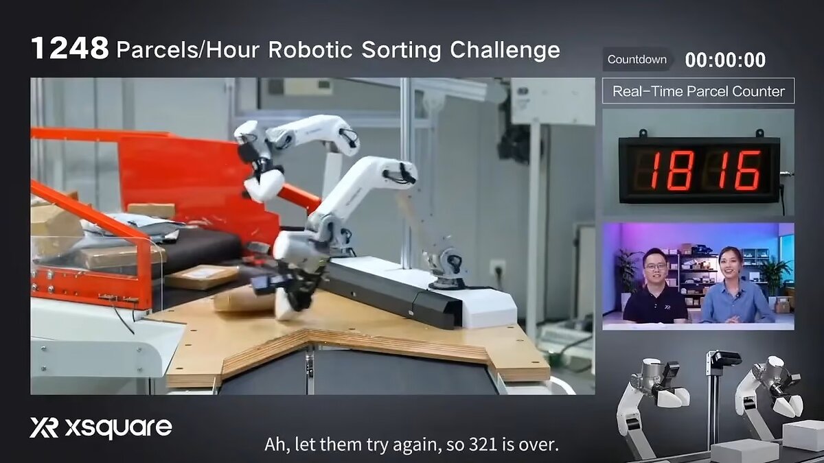 Two white robot arms sorting parcels on a wooden table with an 1816 LED counter
