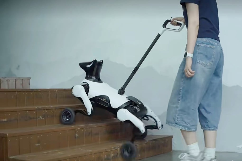 Person holding Xiaoyuan’s leash handle as the robot climbs wooden stairs on wheels and legs
