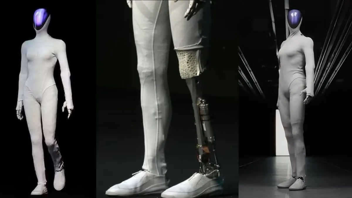 Three views of XPeng IRON including a close-up of the cutaway lower-leg actuators