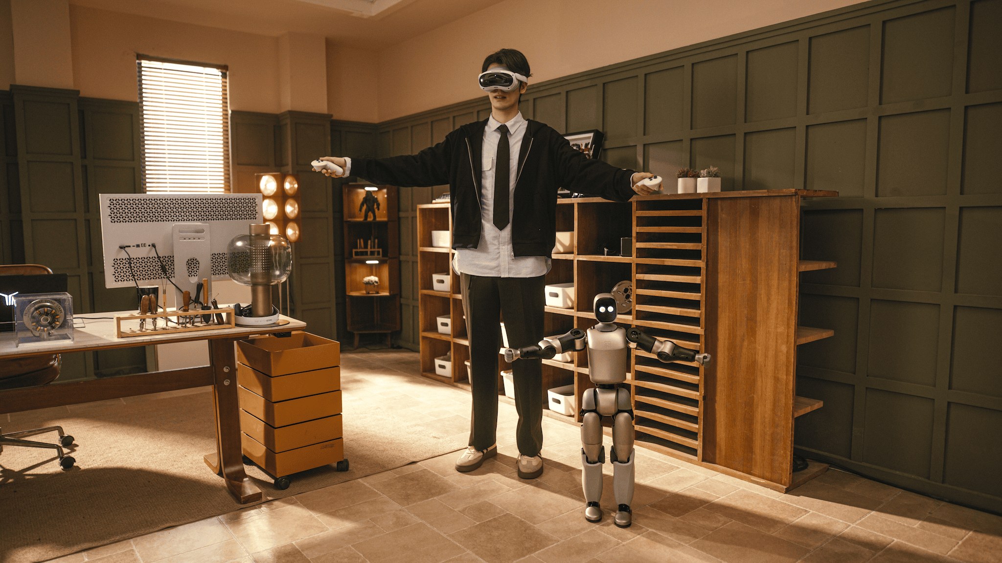 Operator in a VR headset teleoperating a small Bridge humanoid