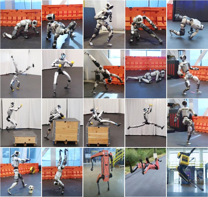 Collage of Atlas, G1, and Spot performing crawls, cartwheels, box climbs, and backflips